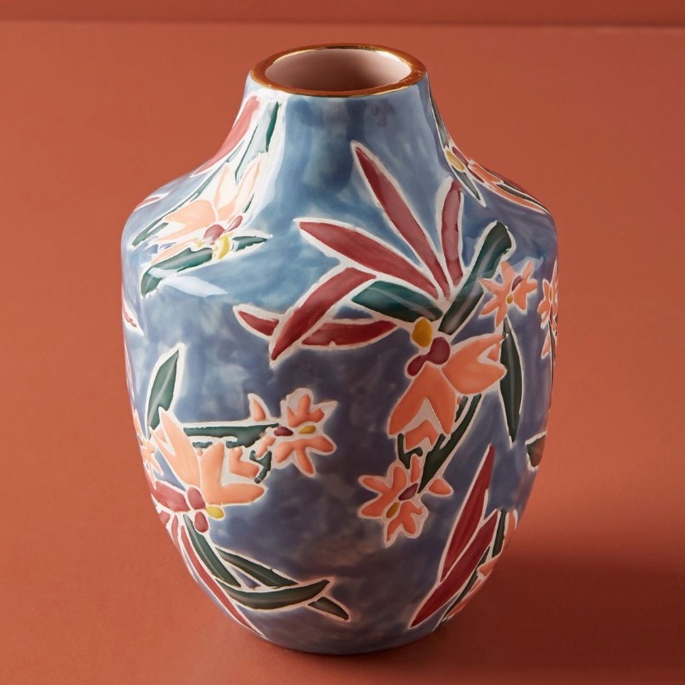Anthropologie Mathilde Blue Pink Floral Vase w/ Gold Rim 6” - Home Decor